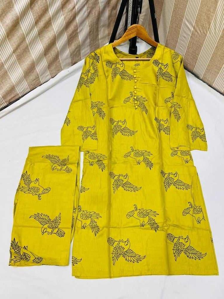 Mustard 2-Piece Linen Suit for Women | Stitched Printed Shirt & Trouser Set