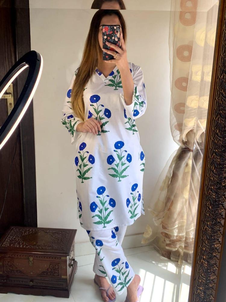 Women's 2-Piece Linen Suit ( White + Blue ) | Stitched Embroidered Shirt & Trouser Set in Pakistan