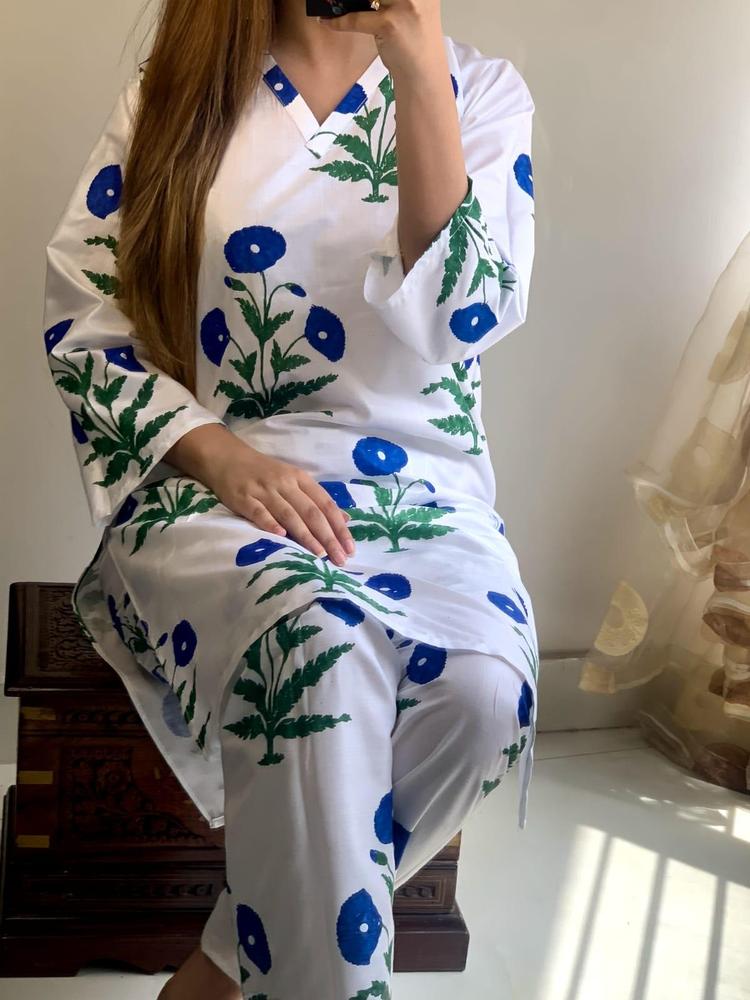 Women's 2-Piece Linen Suit ( White + Blue ) | Stitched Embroidered Shirt & Trouser Set in Pakistan