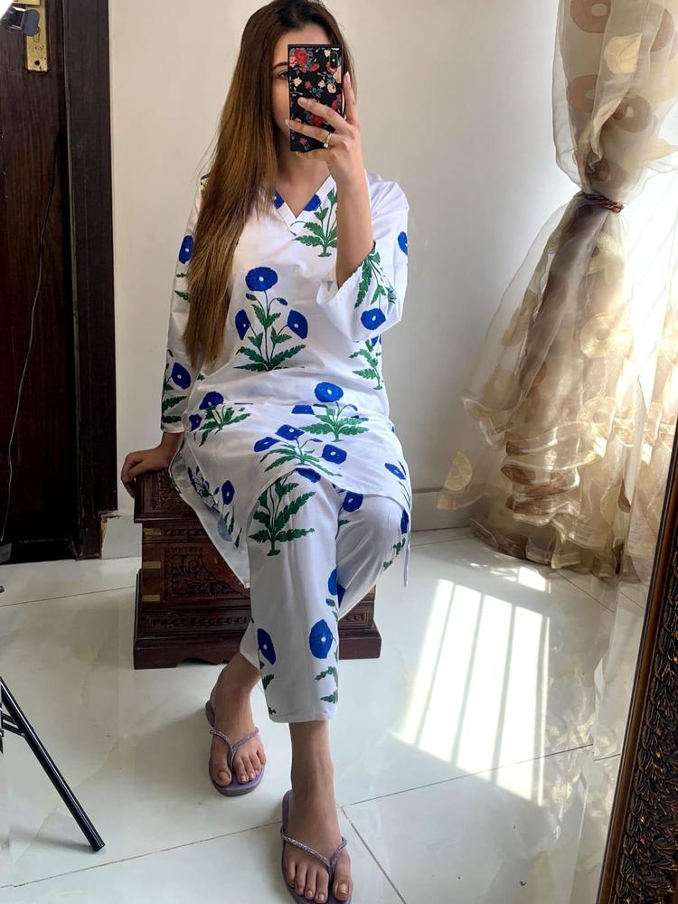Women's 2-Piece Linen Suit ( White + Blue ) | Stitched Embroidered Shirt & Trouser Set in Pakistan