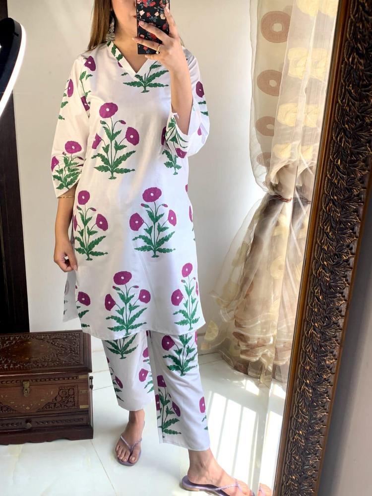 Women's 2-Piece Linen Suit ( White + Purple ) | Stitched Embroidered Shirt & Trouser Set in Pakistan