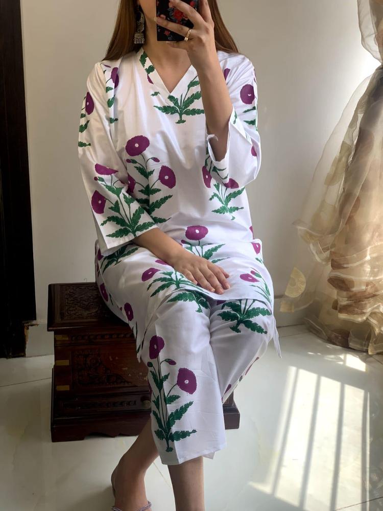 Women's 2-Piece Linen Suit ( White + Purple ) | Stitched Embroidered Shirt & Trouser Set in Pakistan