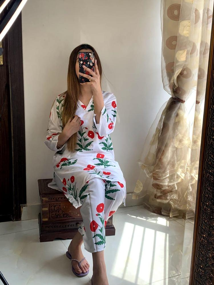 Women's 2-Piece Linen Suit ( White + Red ) | Stitched Embroidered Shirt & Trouser Set in Pakistan