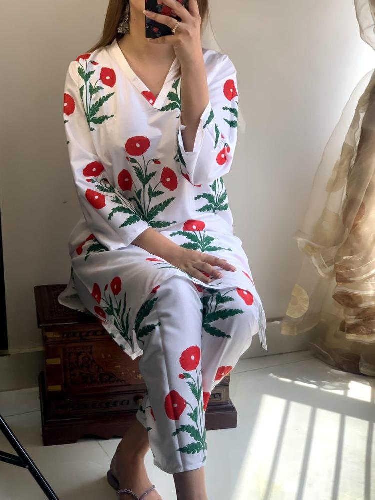 Women's 2-Piece Linen Suit ( White + Red ) | Stitched Embroidered Shirt & Trouser Set in Pakistan