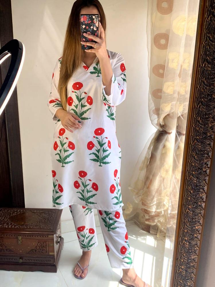 Women's 2-Piece Linen Suit ( White + Red ) | Stitched Embroidered Shirt & Trouser Set in Pakistan