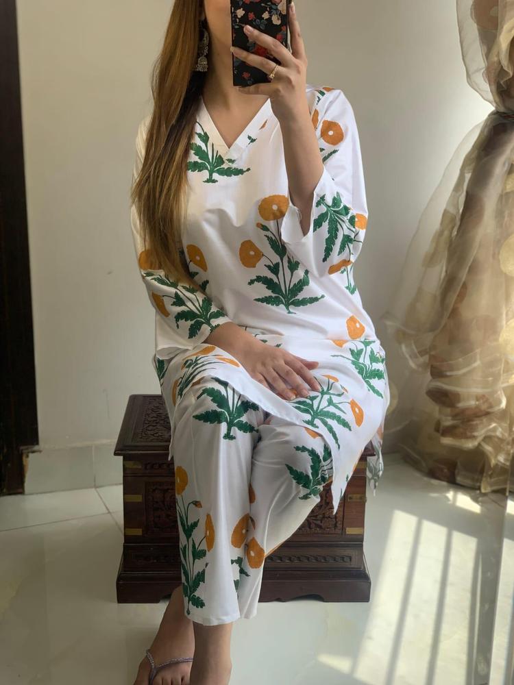 Women's 2-Piece Linen Suit ( White + Orange ) | Stitched Embroidered Shirt & Trouser Set in Pakistan