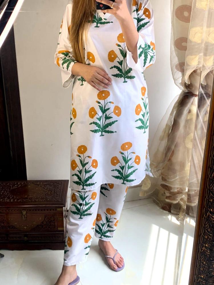 Women's 2-Piece Linen Suit ( White + Orange ) | Stitched Embroidered Shirt & Trouser Set in Pakistan