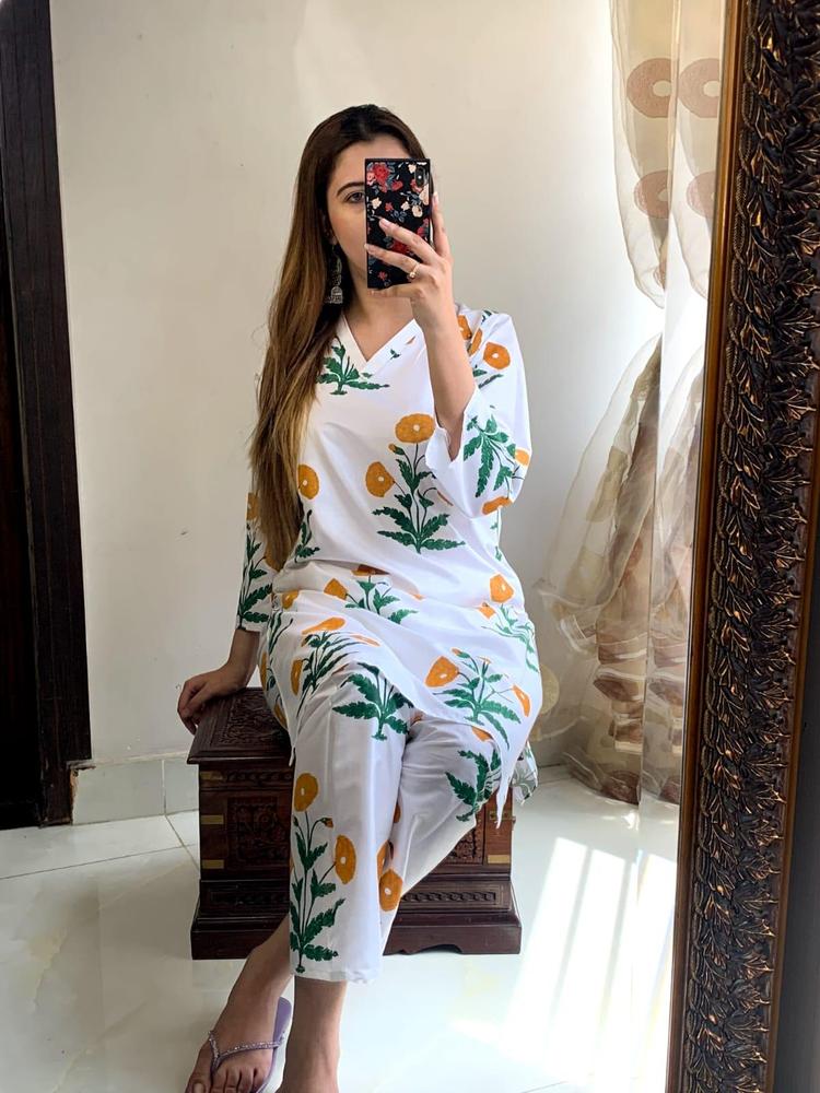 Women's 2-Piece Linen Suit ( White + Orange ) | Stitched Embroidered Shirt & Trouser Set in Pakistan