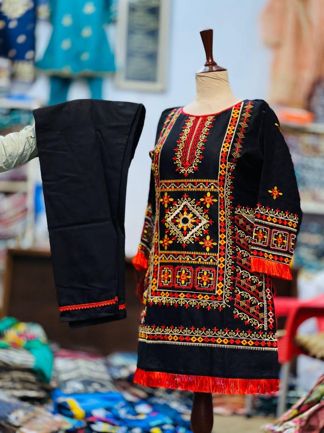 2 Pcs Women's Stitched Cotton Embroidered Shirt And Trouser - Black color)