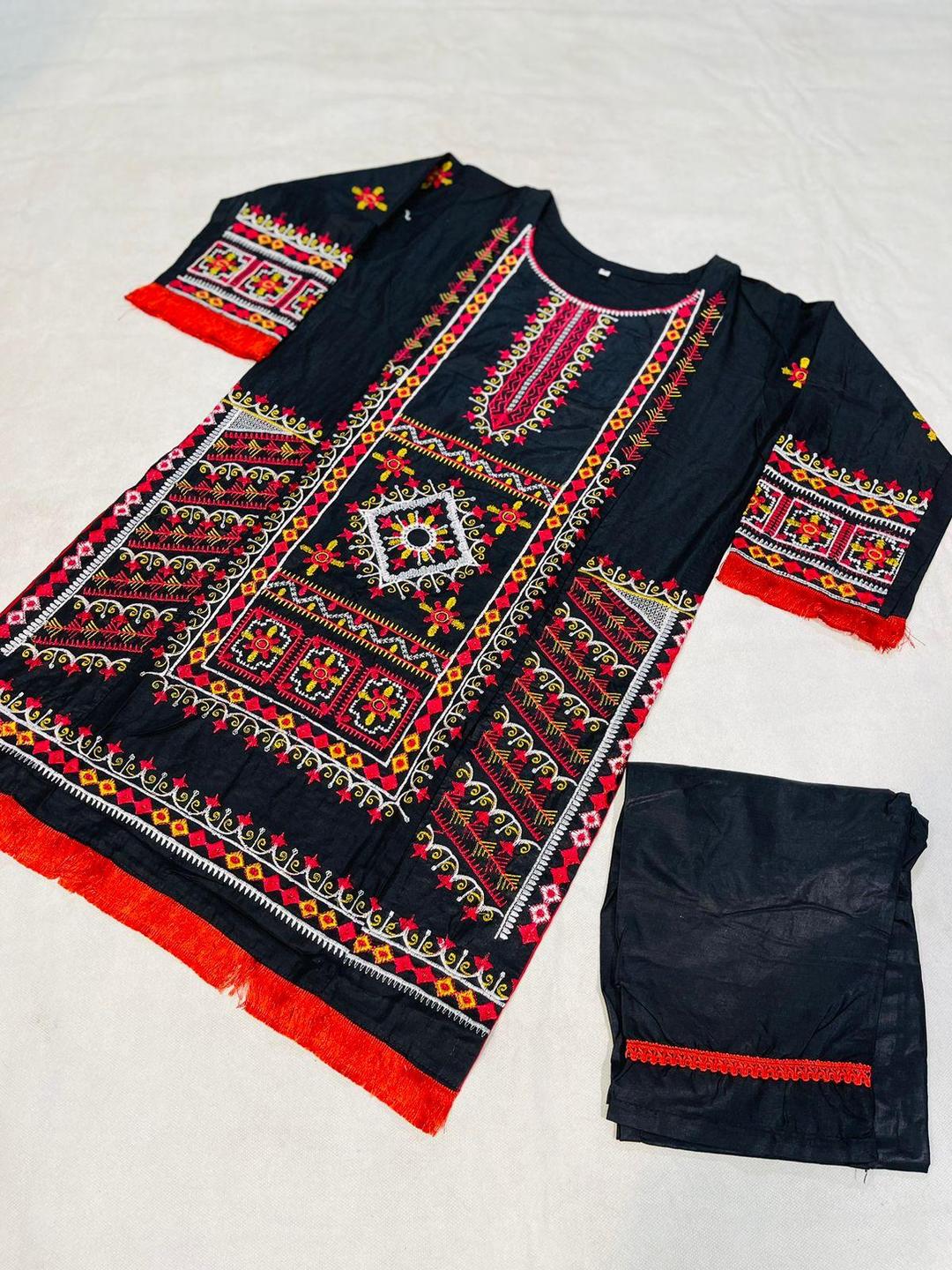 2 Pcs Women's Stitched Cotton Embroidered Shirt And Trouser - Black color)
