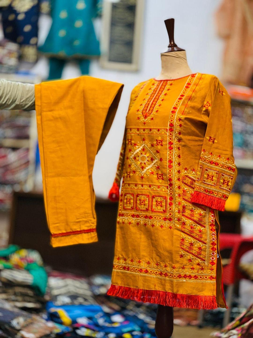 2 Pcs Women's Stitched Cotton Embroidered Shirt And Trouser - Yellow color