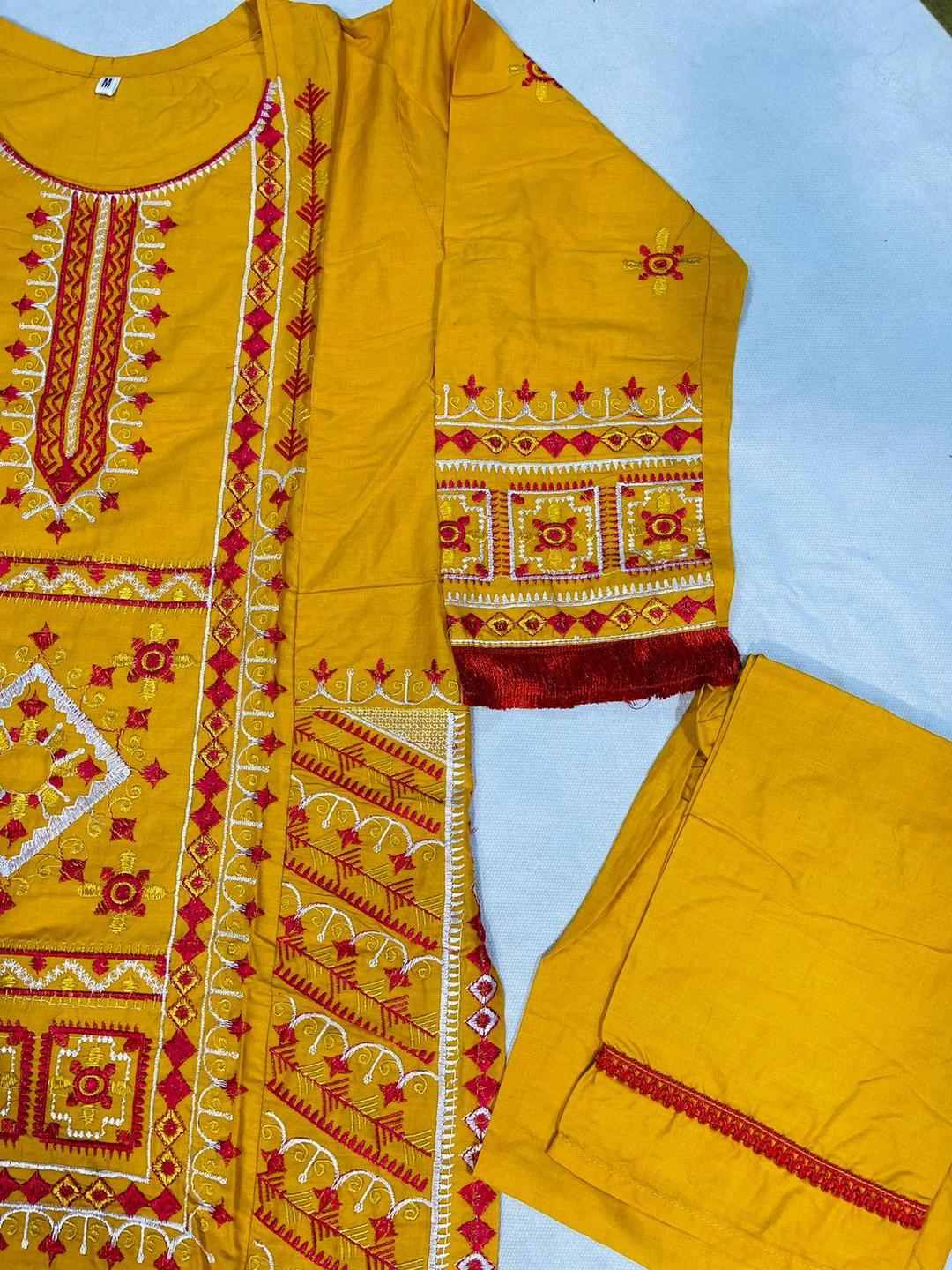 2 Pcs Women's Stitched Cotton Embroidered Shirt And Trouser - Yellow color