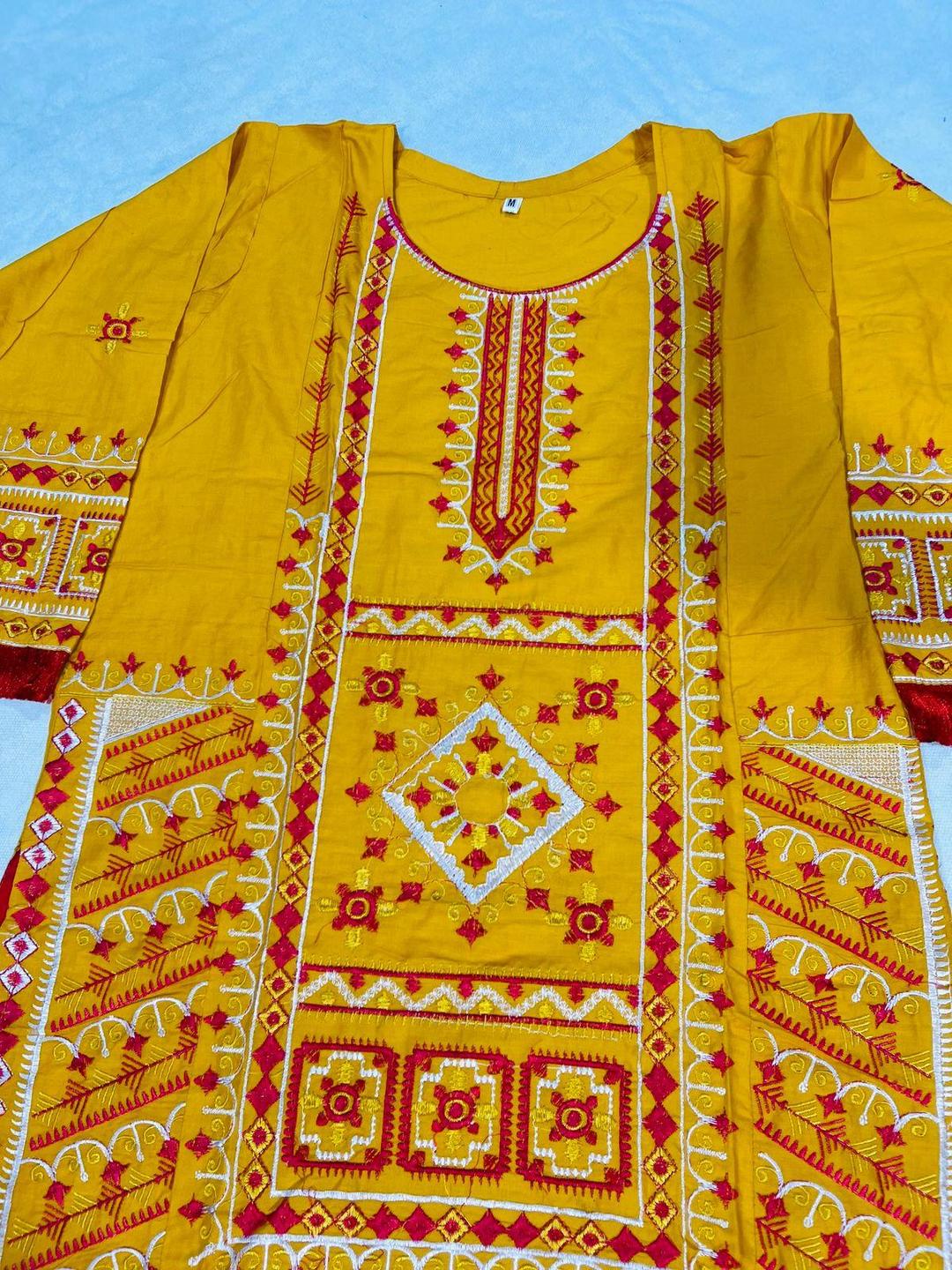 2 Pcs Women's Stitched Cotton Embroidered Shirt And Trouser - Yellow color