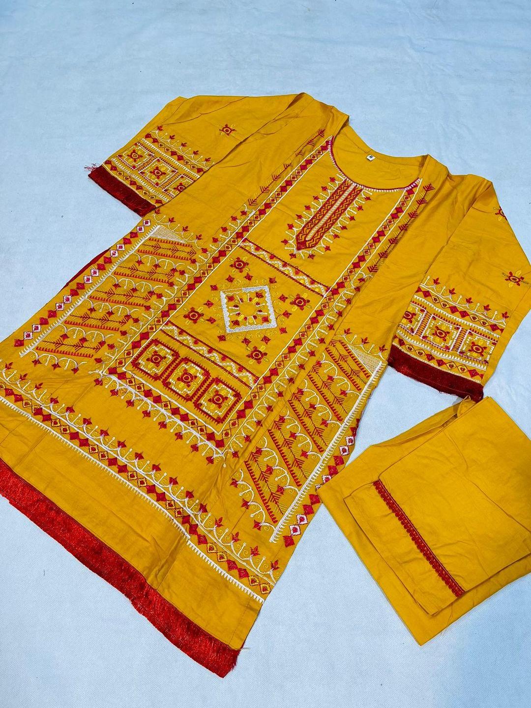 2 Pcs Women's Stitched Cotton Embroidered Shirt And Trouser - Yellow color