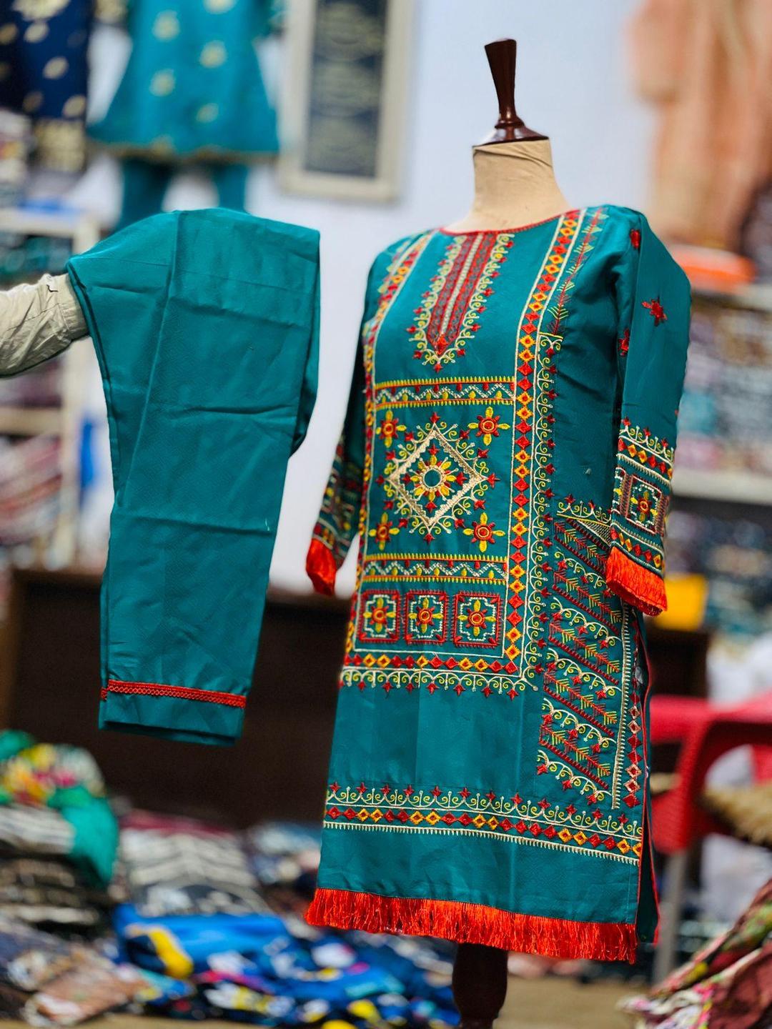 2 Pcs Women's Stitched Cotton Embroidered Shirt And Trouser - Green color