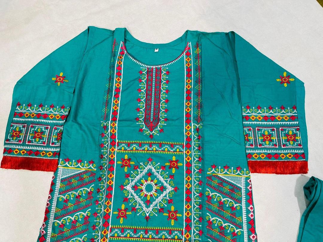 2 Pcs Women's Stitched Cotton Embroidered Shirt And Trouser - Green color