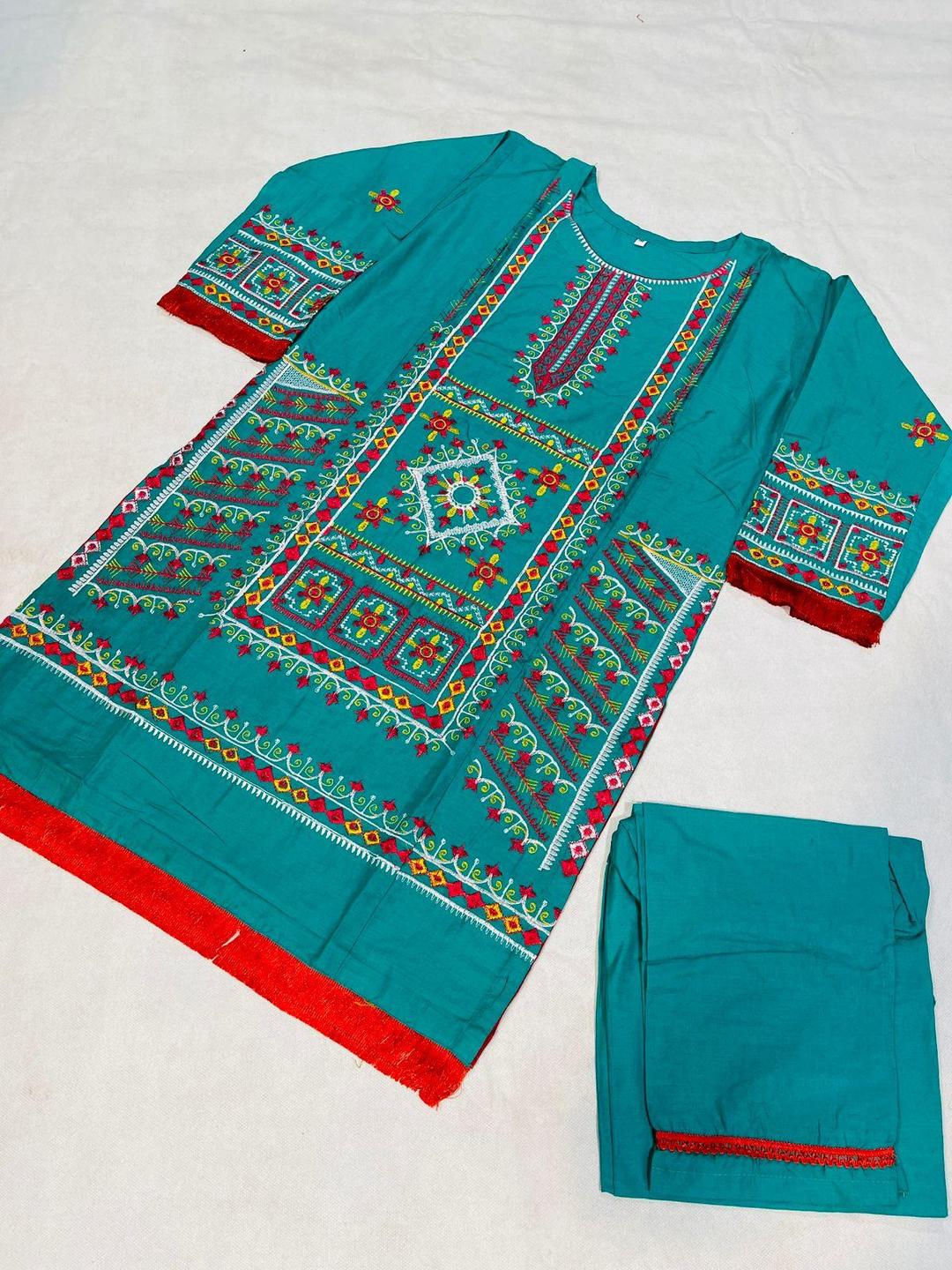 2 Pcs Women's Stitched Cotton Embroidered Shirt And Trouser - Green color