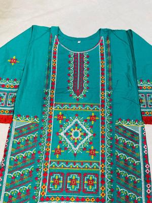 2 Pcs Women's Stitched Cotton Embroidered Shirt And Trouser - Green color