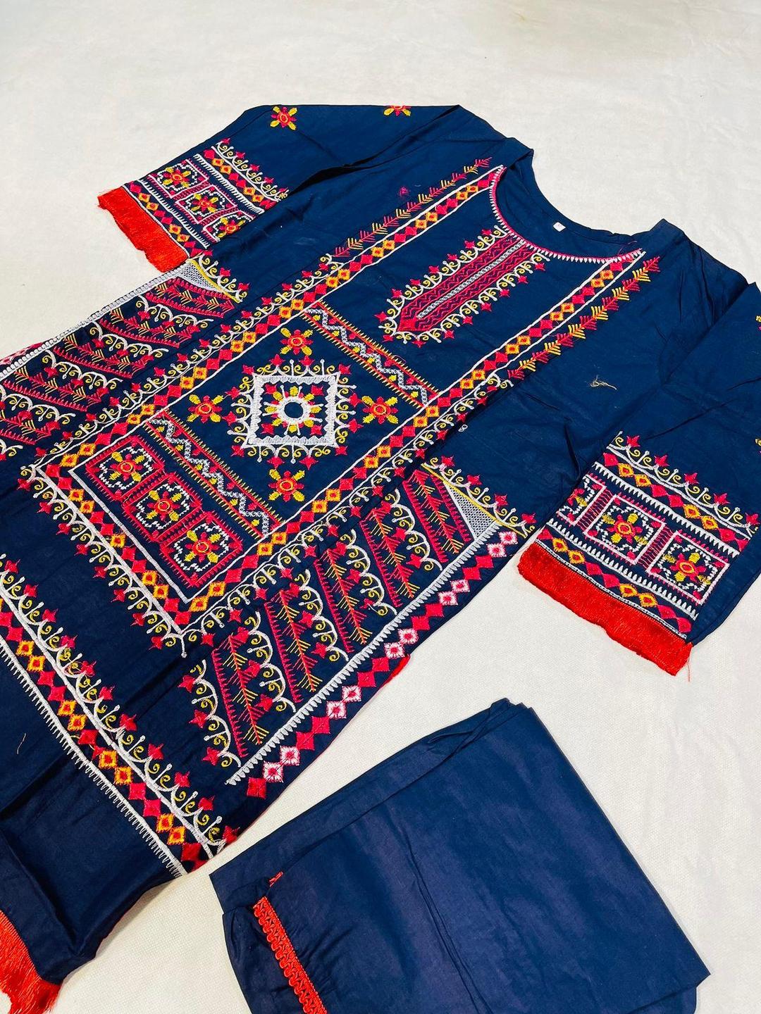 2 Pcs Women's Stitched Cotton Embroidered Shirt And Trouser - Navy color