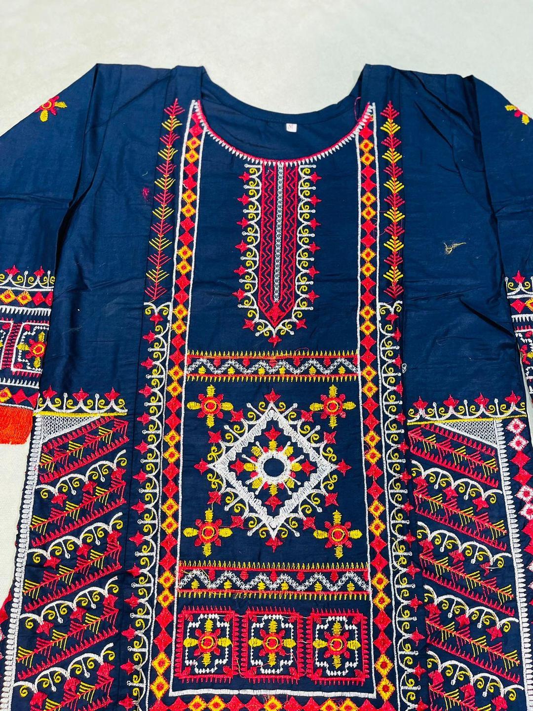 2 Pcs Women's Stitched Cotton Embroidered Shirt And Trouser - Navy color