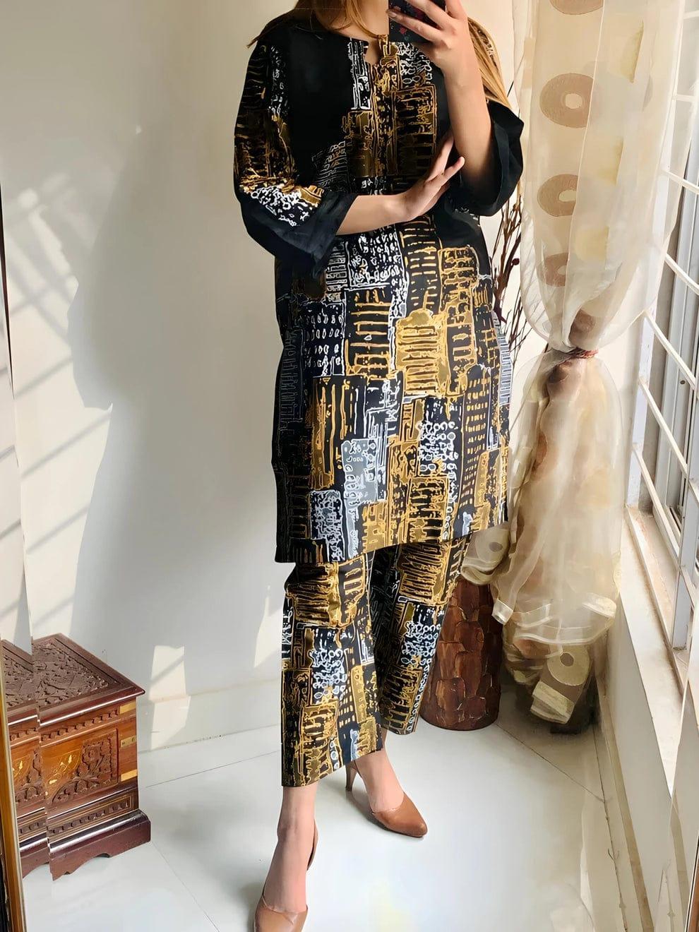 2 Pcs Women's Stitched Linen Block Printed Shirt And Trouser ( Black )