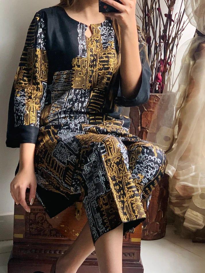 2 Pcs Women's Stitched Linen Block Printed Shirt And Trouser ( Black )