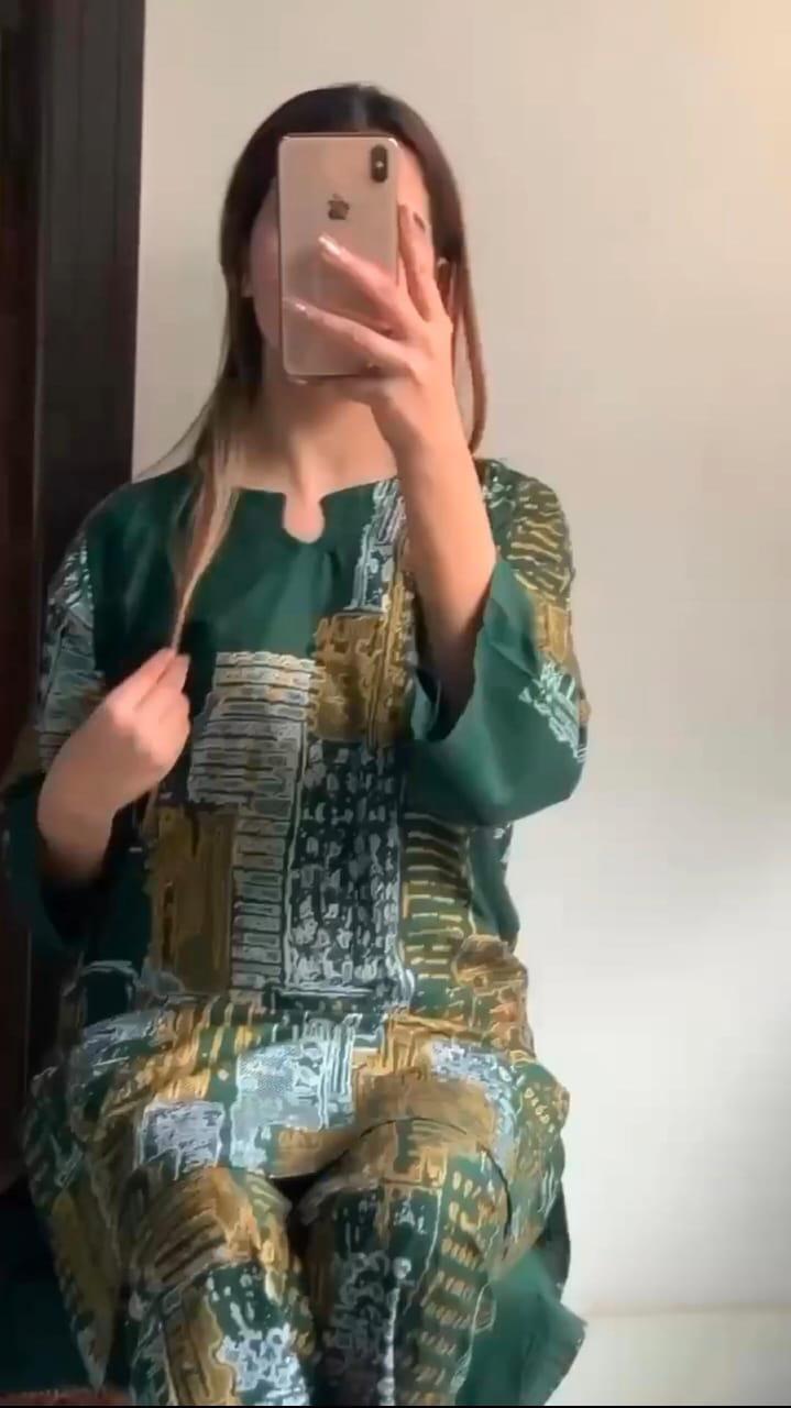2 Pcs Women's Stitched Linen Block Printed Shirt And Trouser ( Green )