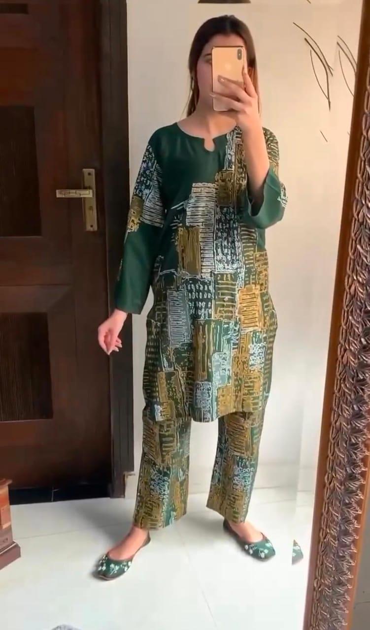 2 Pcs Women's Stitched Linen Block Printed Shirt And Trouser ( Green )