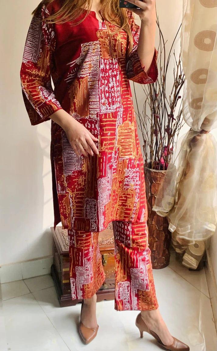 2 Pcs Women's Stitched Linen Block Printed Shirt And Trouser ( Red )