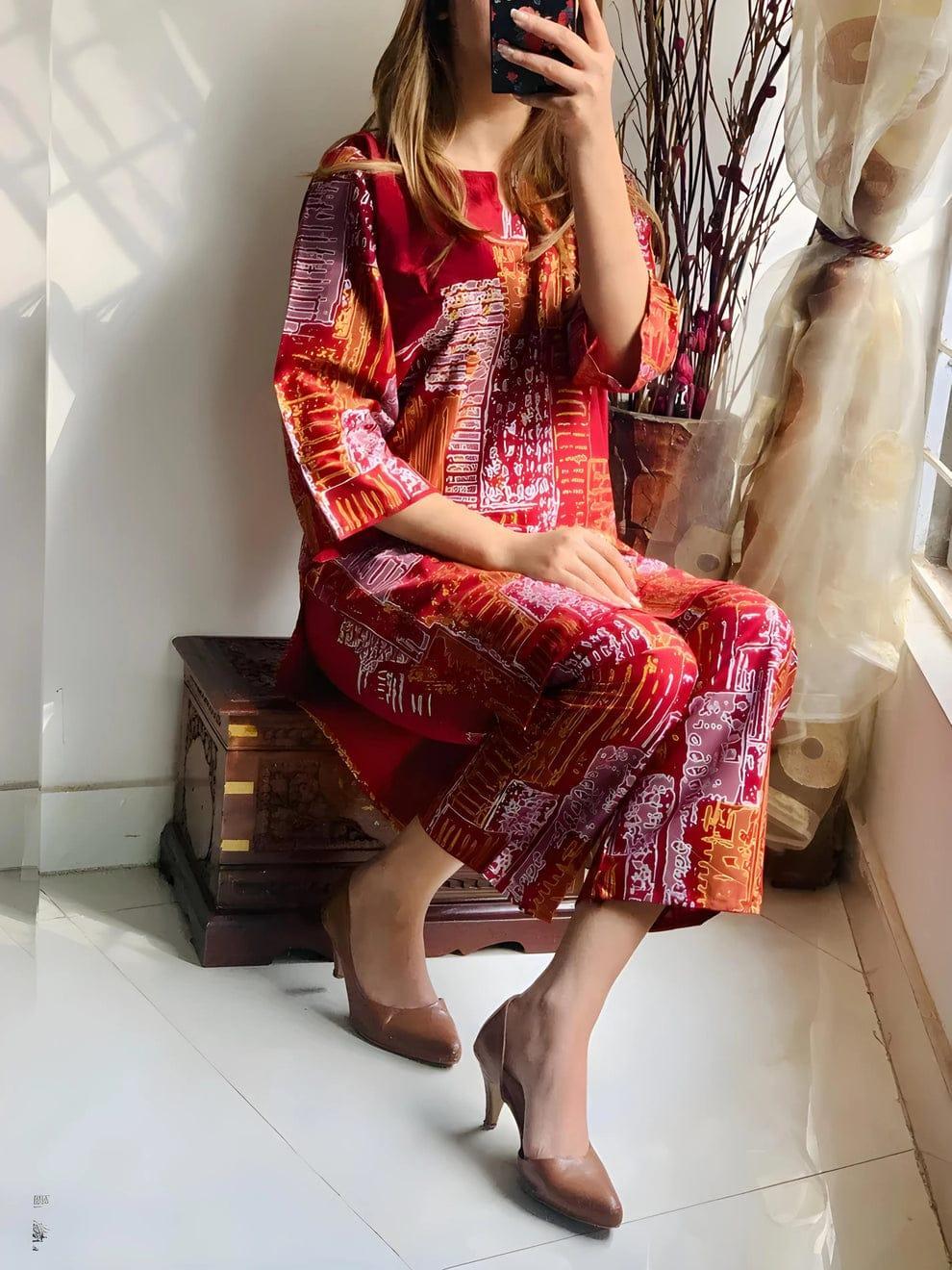 2 Pcs Women's Stitched Linen Block Printed Shirt And Trouser ( Red )