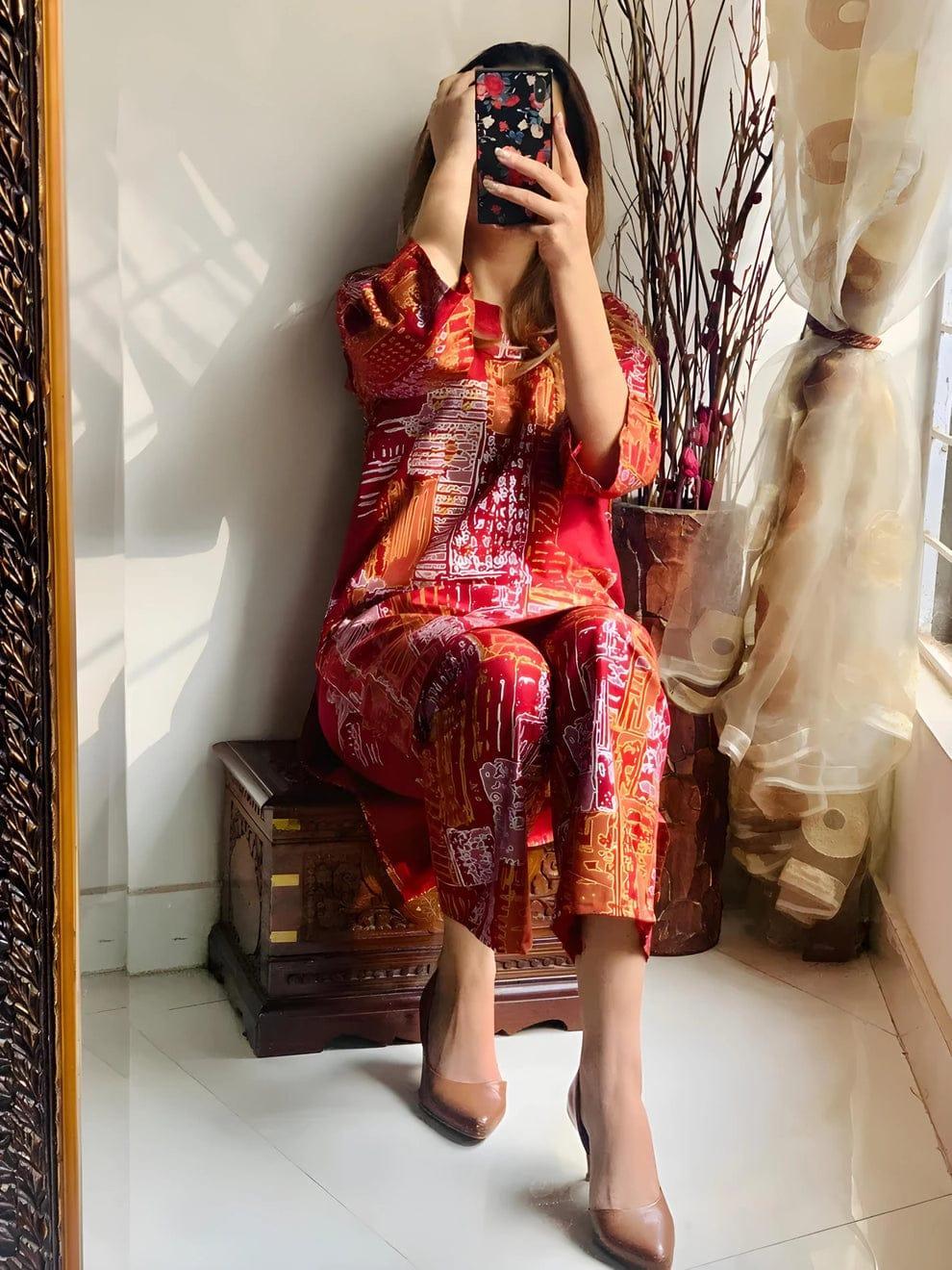 2 Pcs Women's Stitched Linen Block Printed Shirt And Trouser ( Red )