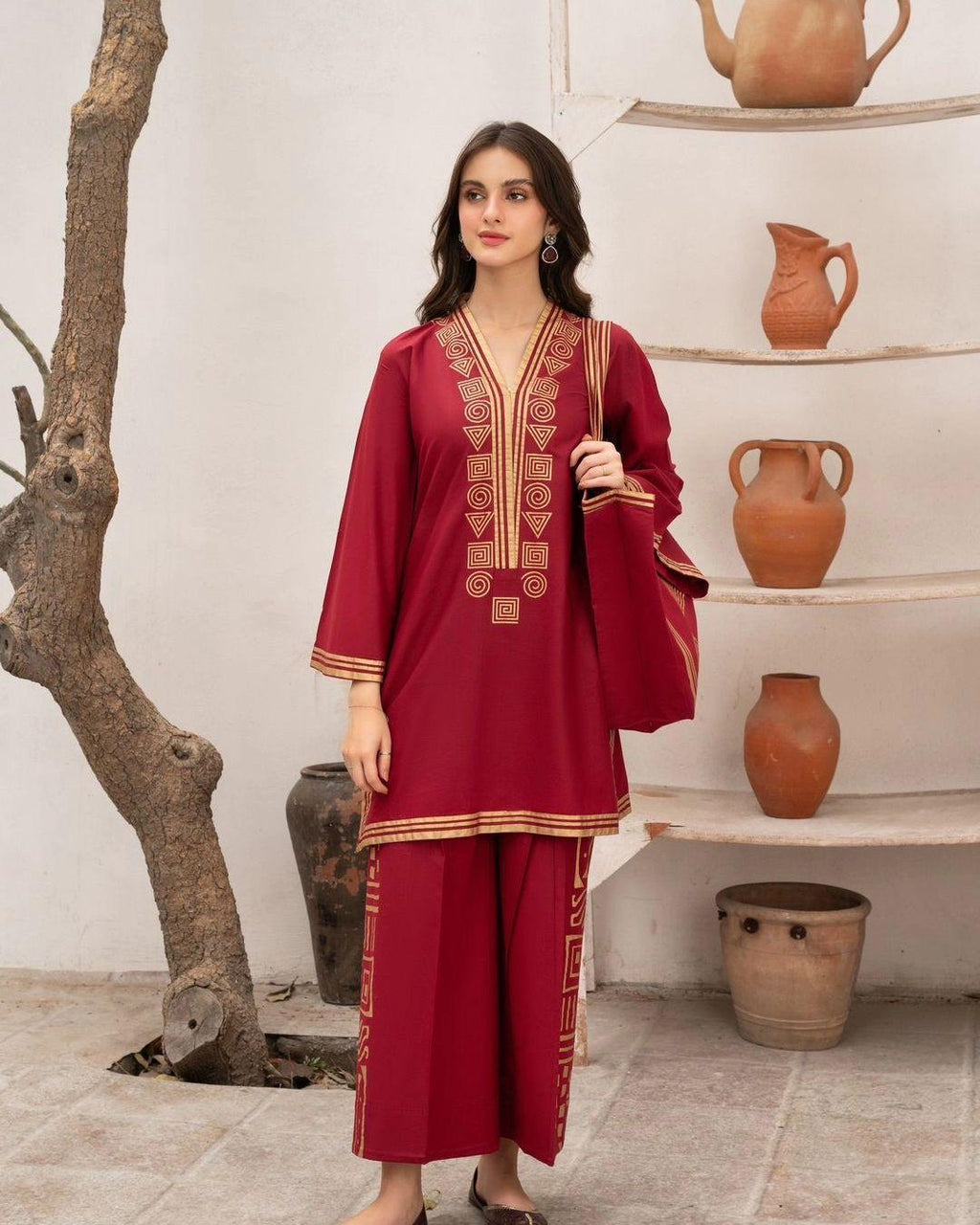 Elegant Red Linen 2-Piece Suit with Bag for Women | Stitched Embroidered Shirt & Trouser Set with Bag