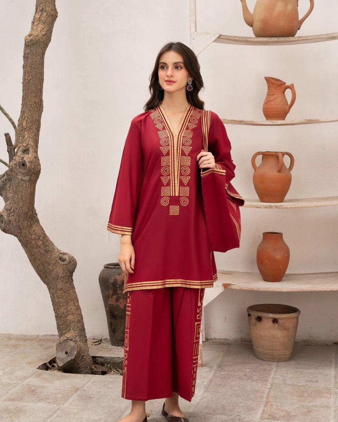 Elegant Red Linen 2-Piece Suit with Bag for Women | Stitched Embroidered Shirt & Trouser Set with Bag