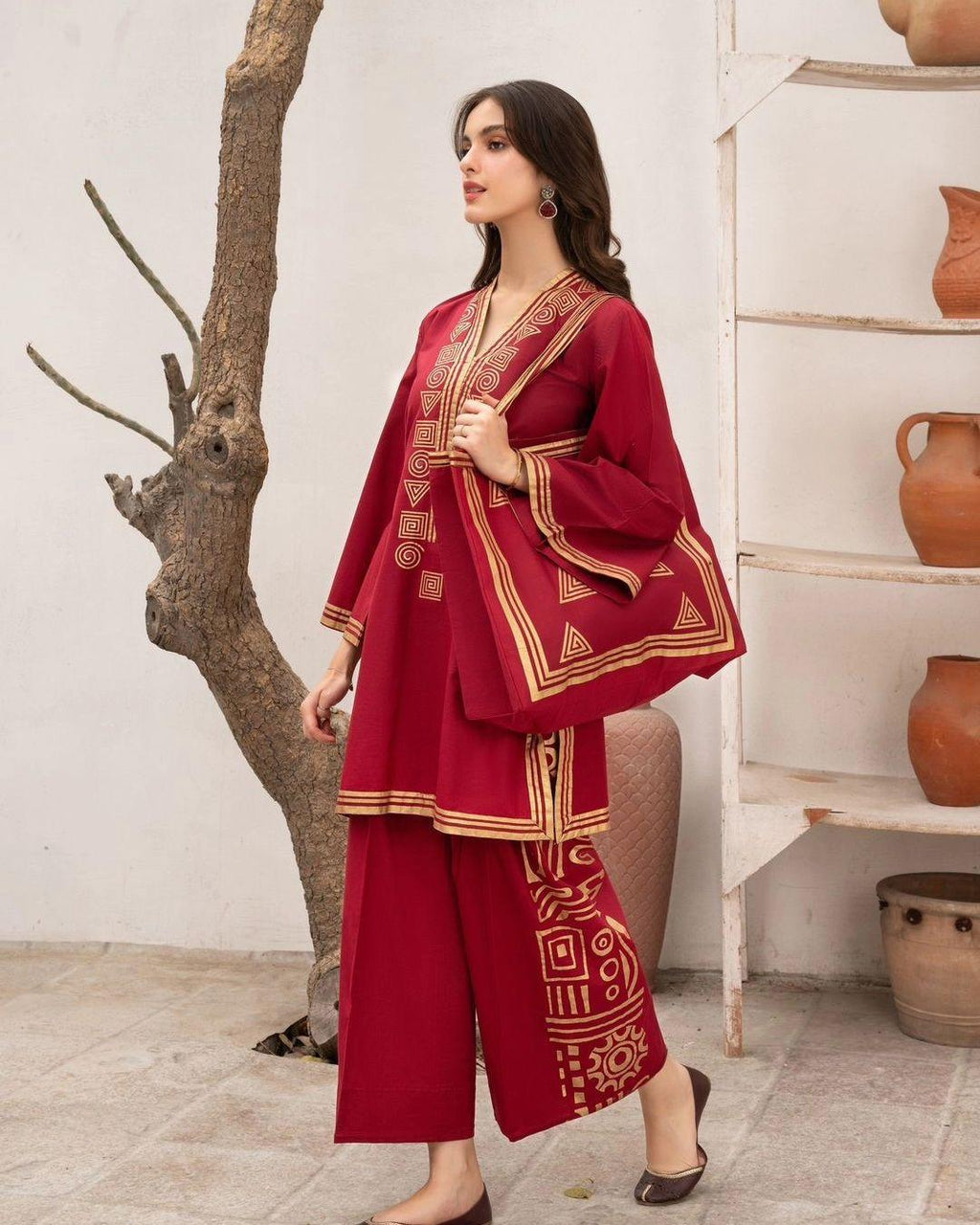 Elegant Red Linen 2-Piece Suit with Bag for Women | Stitched Embroidered Shirt & Trouser Set with Bag