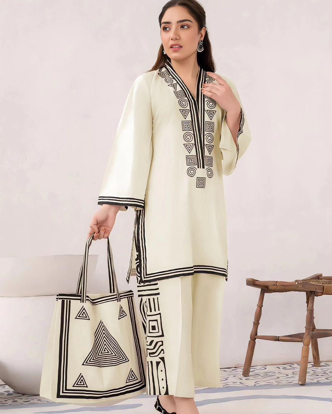Elegant White Linen 2-Piece Suit with Bag for Women | Stitched Embroidered Shirt & Trouser Set with Bag