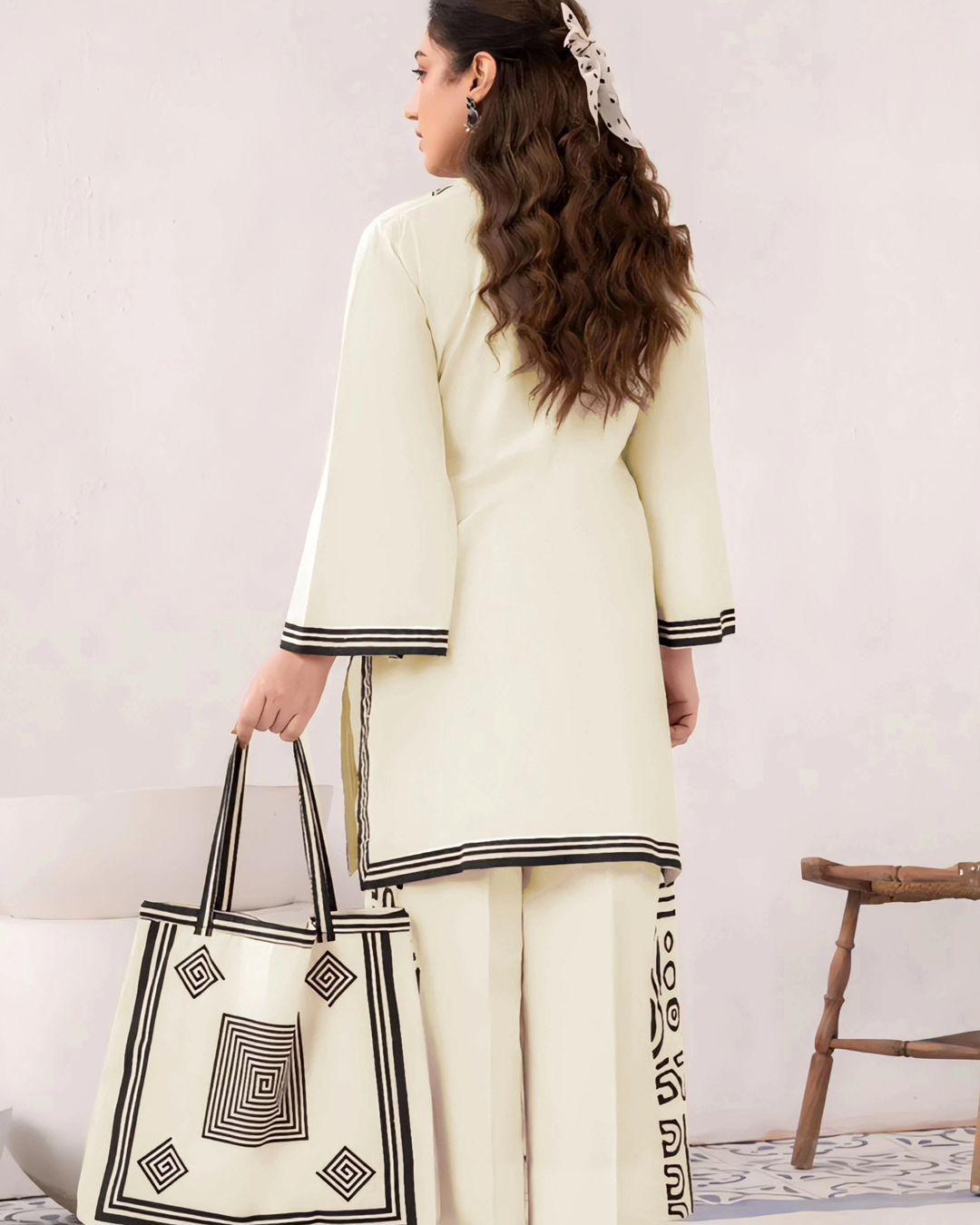 Elegant White Linen 2-Piece Suit with Bag for Women | Stitched Embroidered Shirt & Trouser Set with Bag