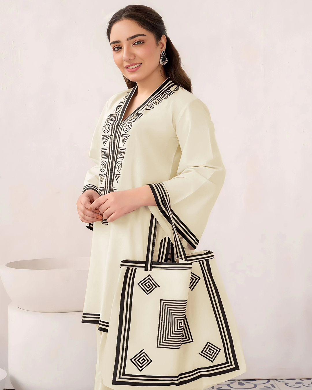 Elegant White Linen 2-Piece Suit with Bag for Women | Stitched Embroidered Shirt & Trouser Set with Bag