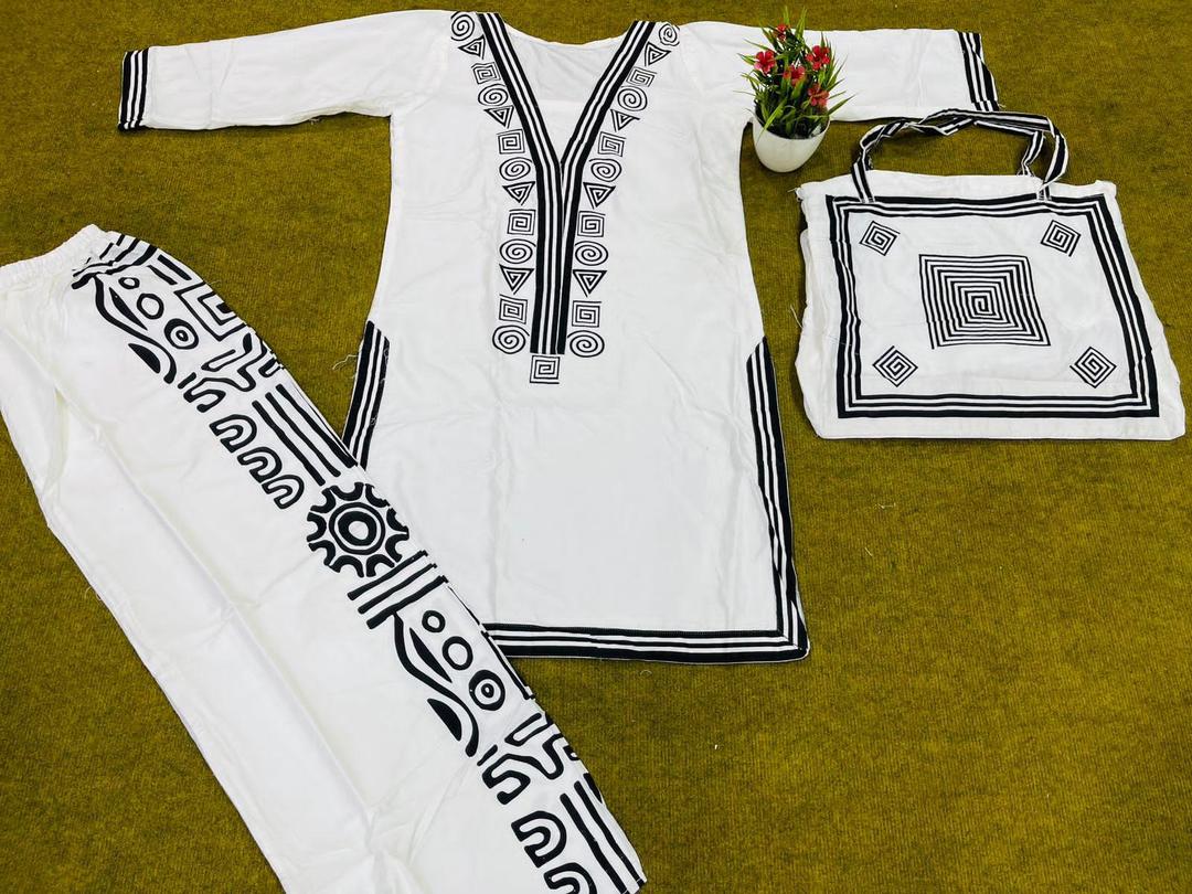 Elegant White Linen 2-Piece Suit with Bag for Women | Stitched Embroidered Shirt & Trouser Set with Bag