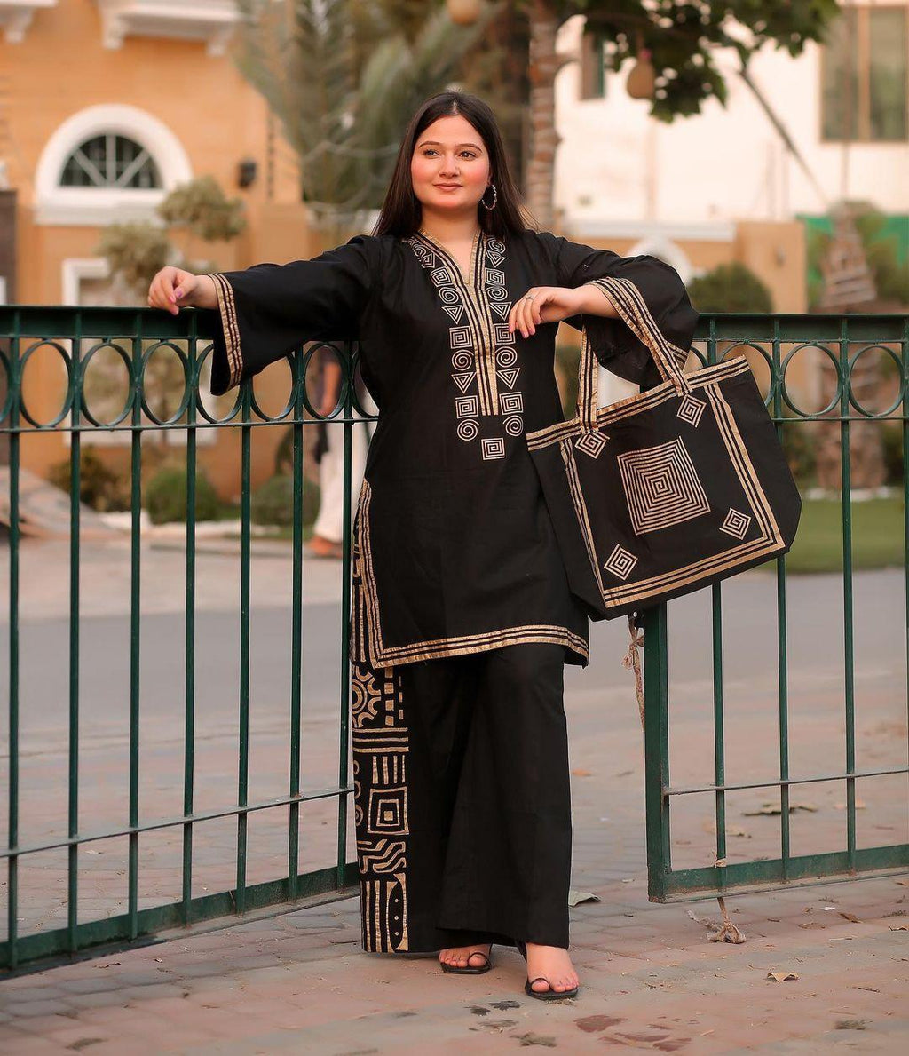 Elegant Black Linen 2-Piece Suit with Bag for Women | Stitched Embroidered Shirt & Trouser Set with Bag