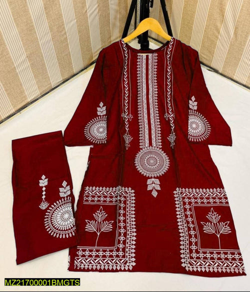 2 Pcs Block Print Womens Stitched Linen Suit Maroon
