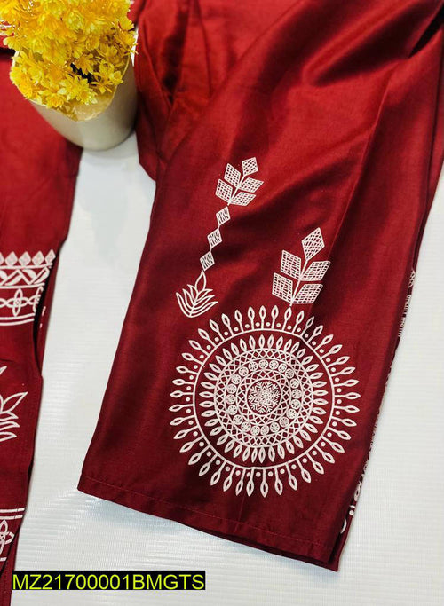 2 Pcs Block Print Womens Stitched Linen Suit Maroon