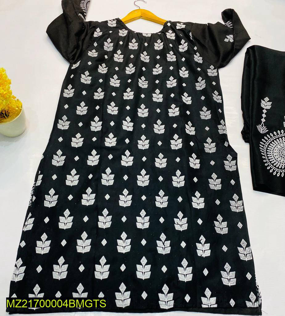 2 Pcs Block Print Womens Stitched Linen Suit Black