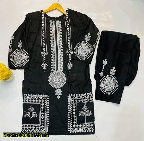 2 Pcs Block Print Womens Stitched Linen Suit Black