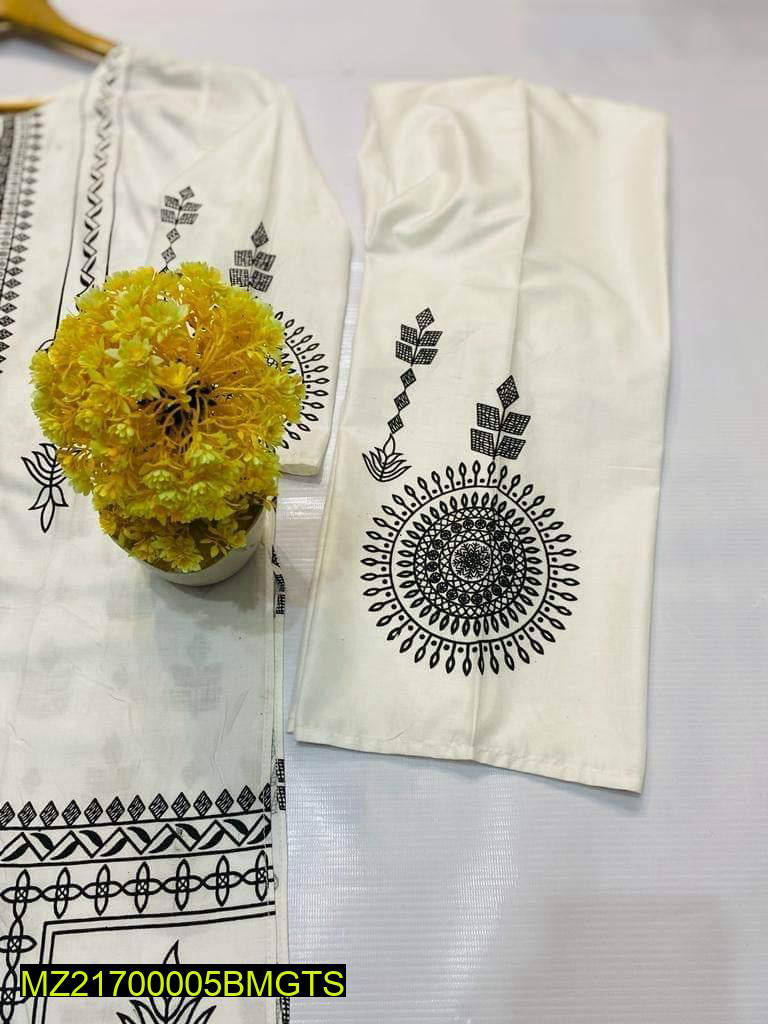 2 Pcs Block Print Womens Stitched Linen Suit White