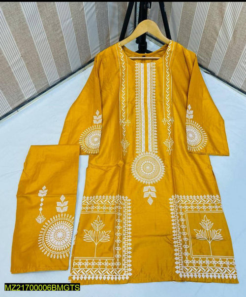 2 Pcs Block Print Women's Stitched Linen Suit Yellow color