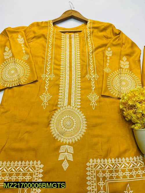 2 Pcs Block Print Women's Stitched Linen Suit Yellow color
