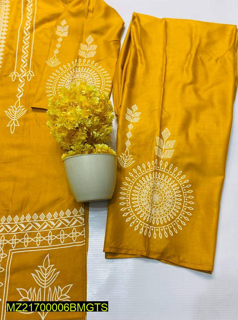 2 Pcs Block Print Women's Stitched Linen Suit Yellow color