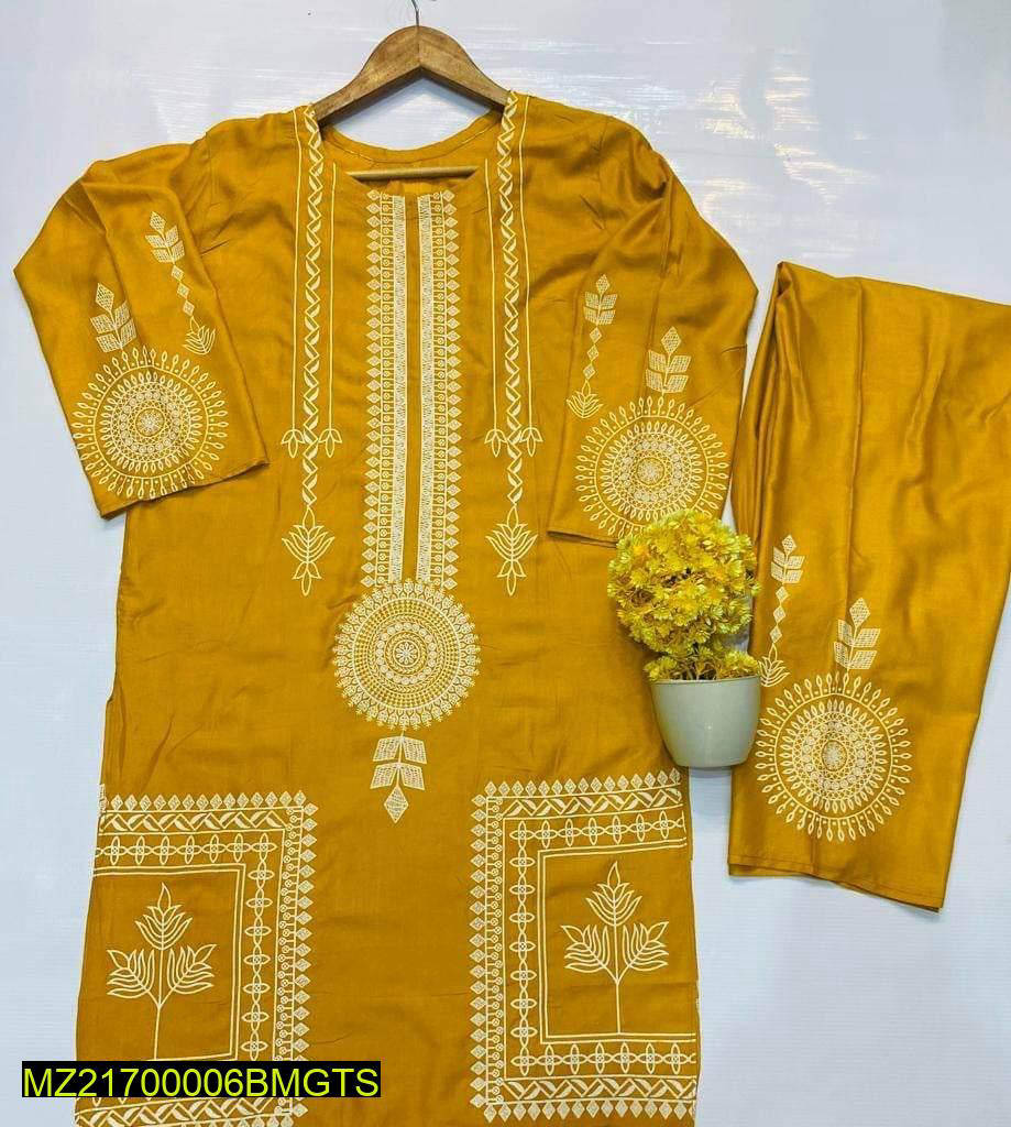 2 Pcs Block Print Women's Stitched Linen Suit Yellow color