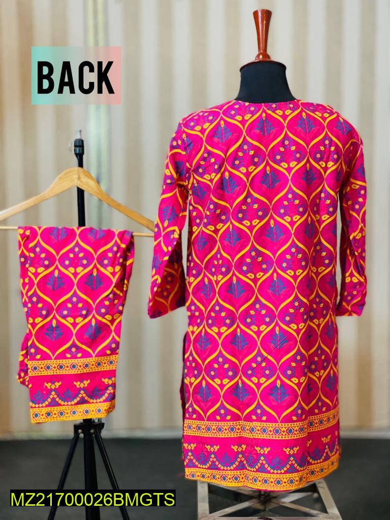 Women Stitched 3D Block Printed Linen 2-Piece Suit – Pink color