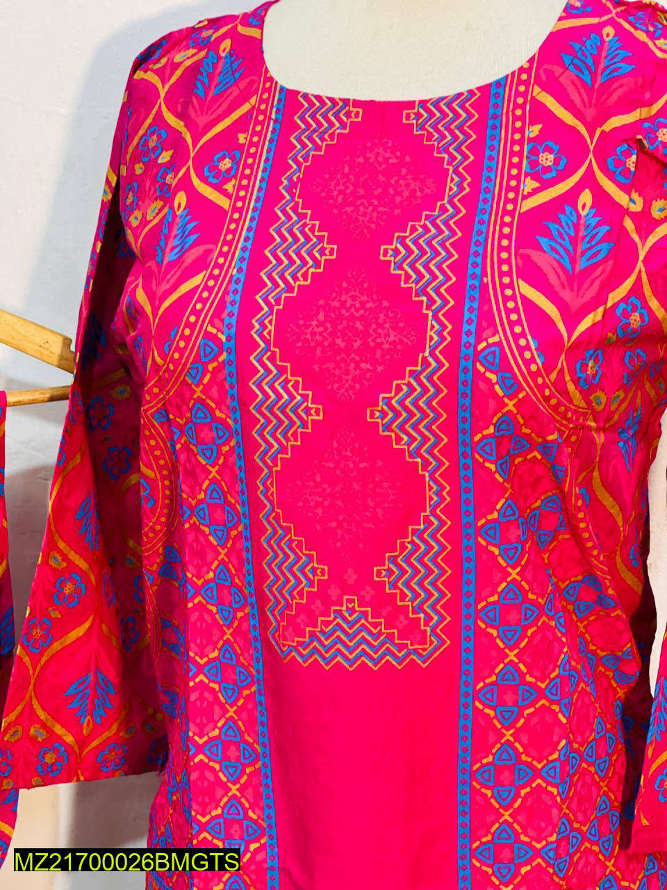 Women Stitched 3D Block Printed Linen 2-Piece Suit – Pink color